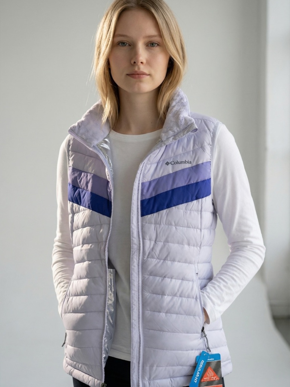 Columbia Women’s XL Omni-Heat Thermal Vest White Out Lilac Blue Zippered Pockets
